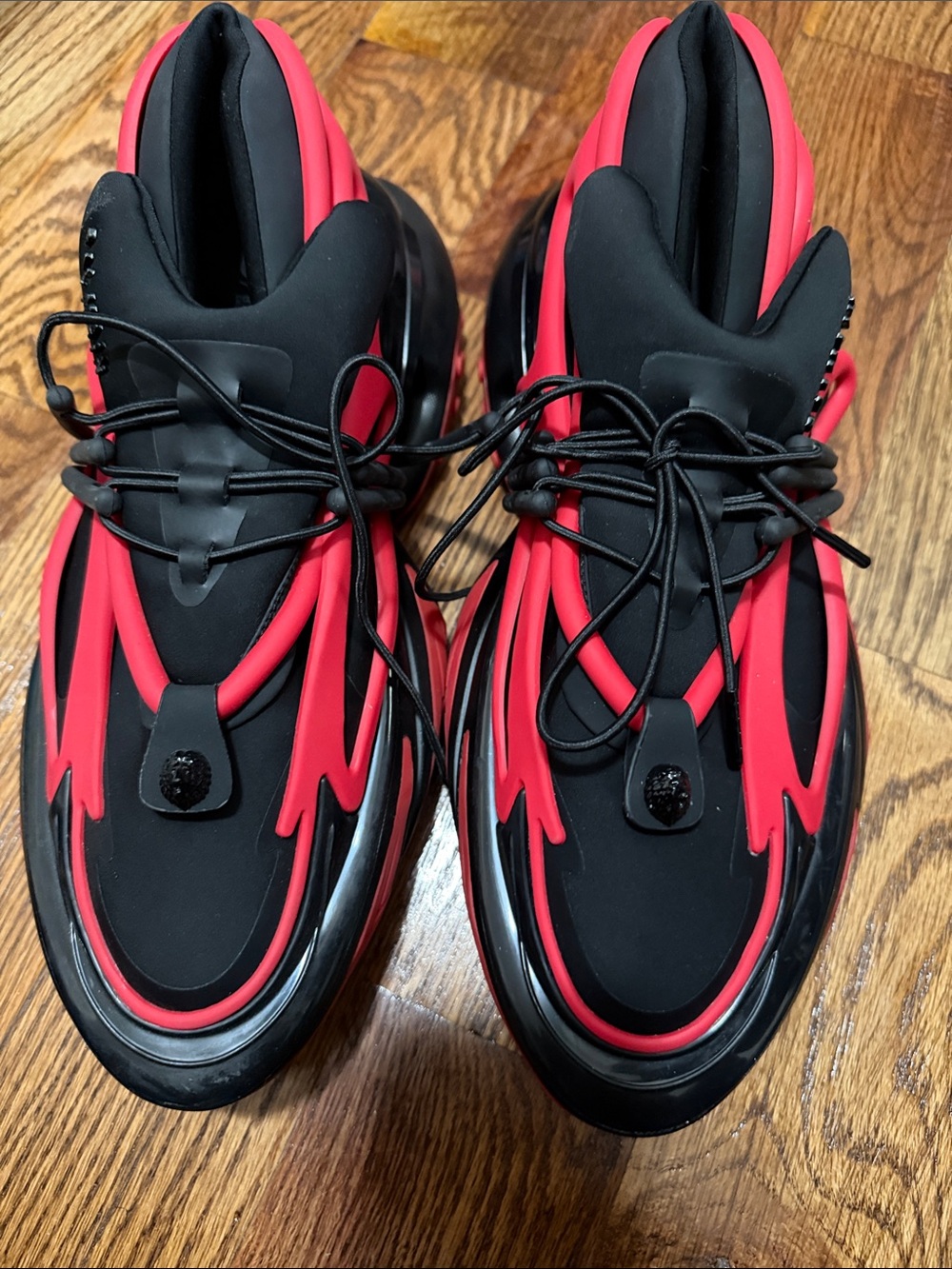 Balmain Black and Red High-Top Performance Sneakers